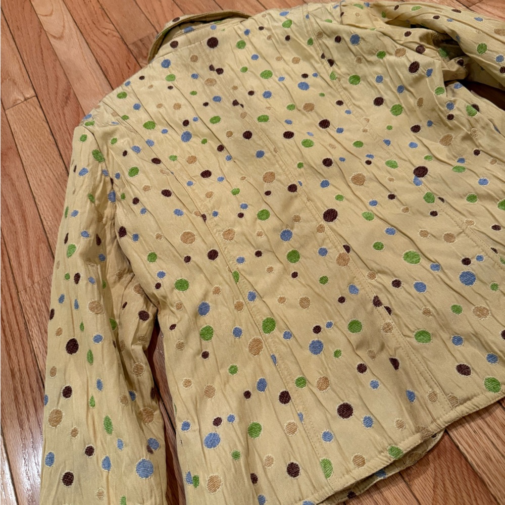 Chic Yellow Tan Green Blue Polka Dot Blazer fabric buttons - Picture 6 of 8